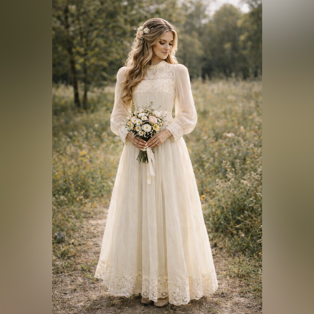 Vintage Gunne Sax Style Prairie Wedding Dress Angelair ILGWU Lace Maxi